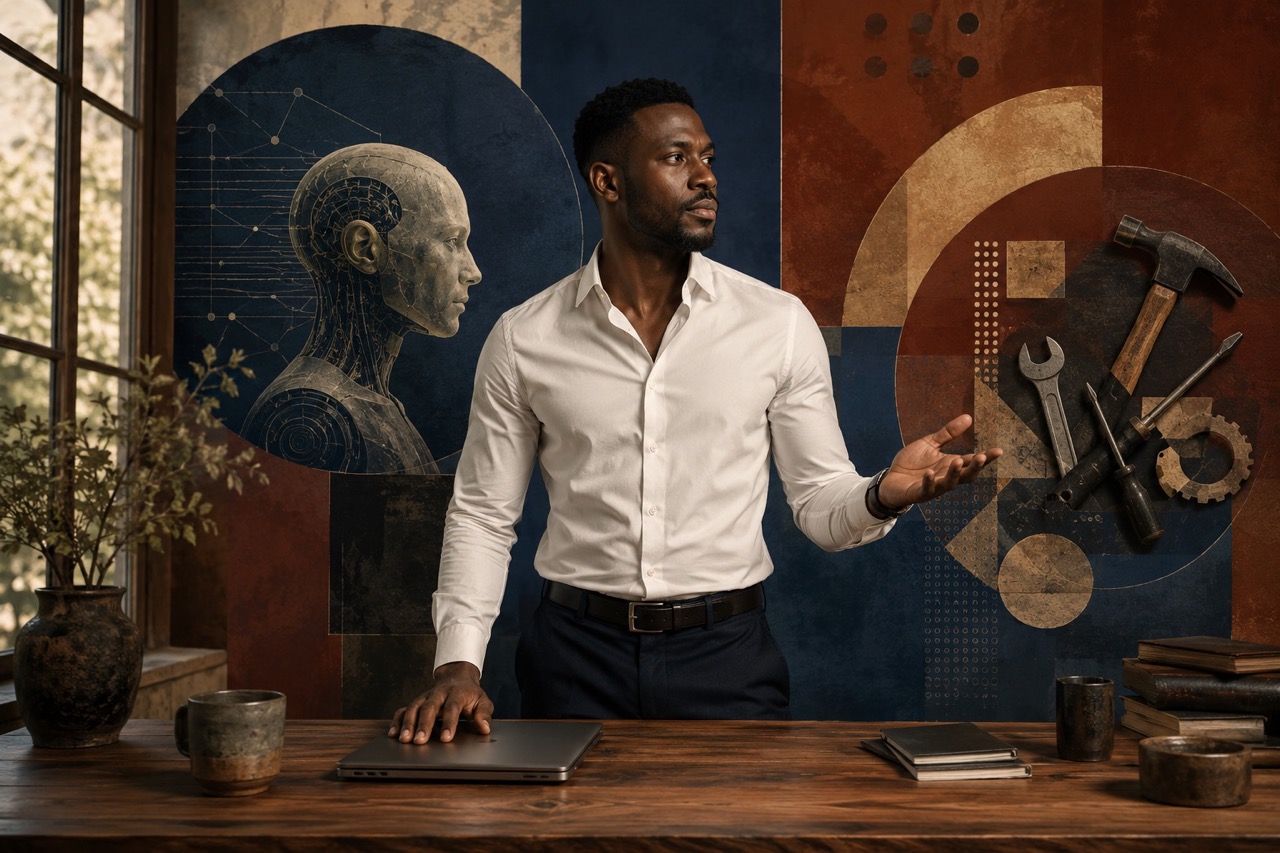 Handsome black man standing at an office desk looking into the distance, with a robot on the left of the frame and a collage on tools on the right, depicting the decision between choosing an AI agent vs. an AI tool