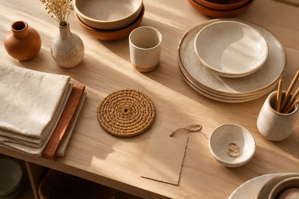 Overhead editorial shot of a pale wooden shop counter with neatly arranged ceramic pieces, a small woven item, and a handwritten paper tag. Warm, soft ambient light. Cream and terracotta tones.