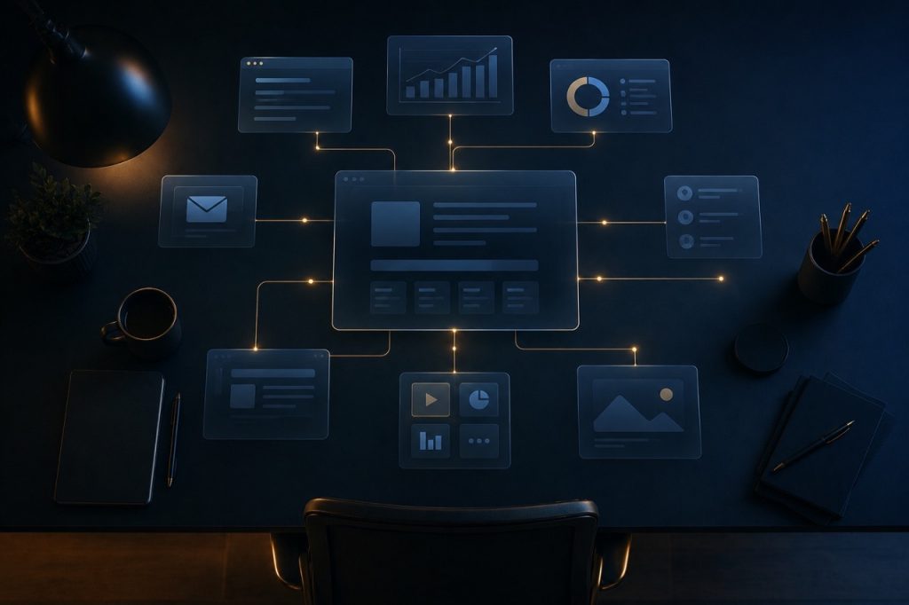 Futuristic tech workspace with glowing UI Large