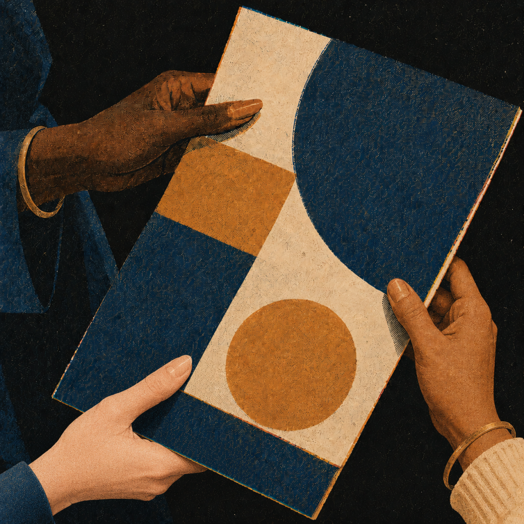 Geometric design held by diverse hands