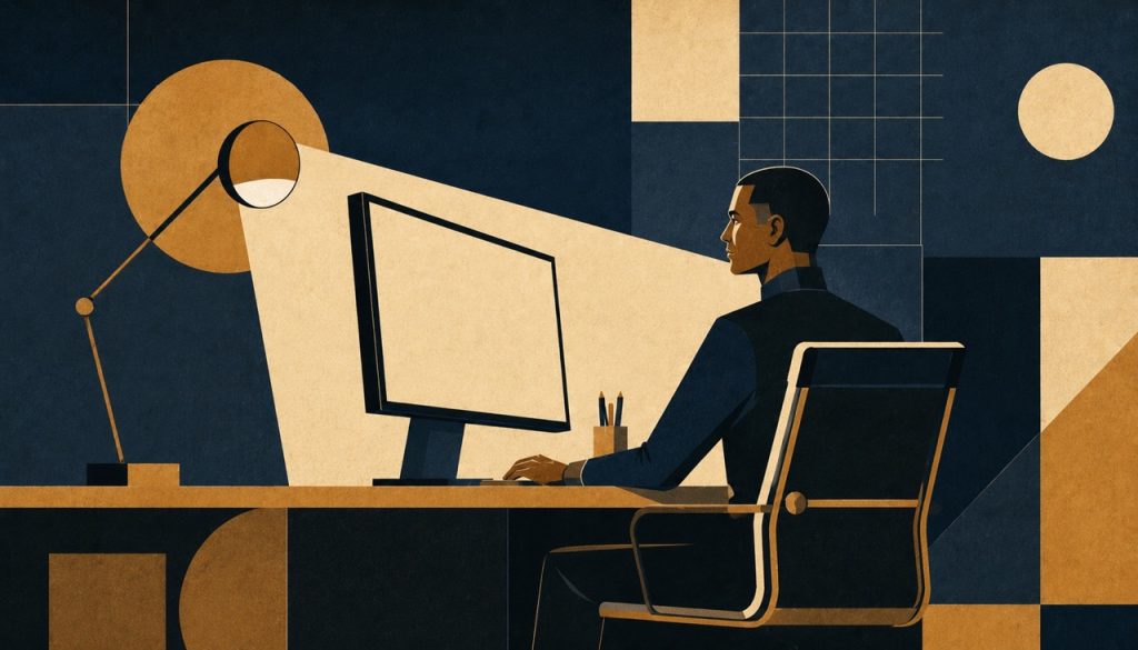 Geometric office workspace at night