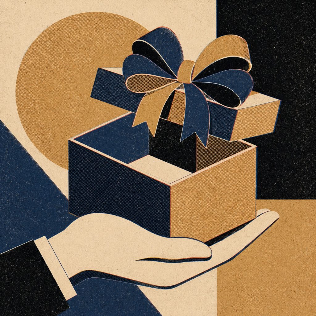 Gift in hand with geometric backdrop