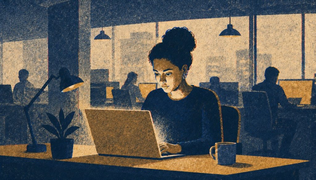 An employee working alone on a laptop in a dimly lit office, illustrating unsanctioned AI tool use away from IT oversight