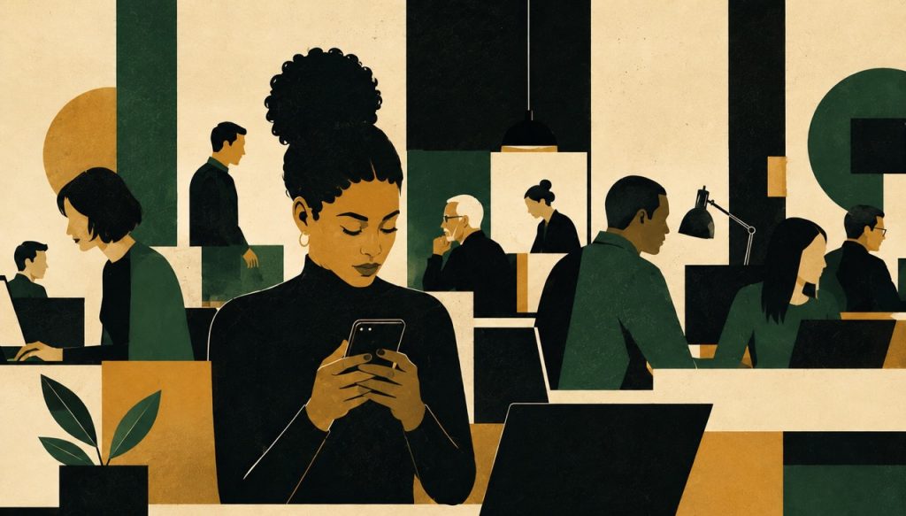 Modern office with multitasking professionals