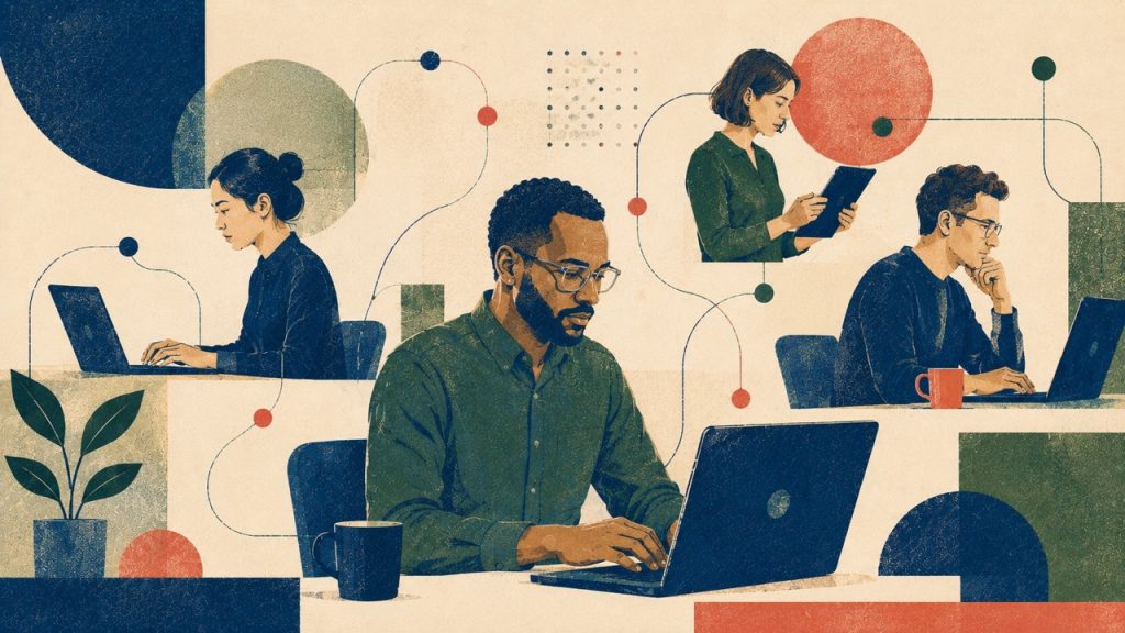 Illustration of four office workers using laptops and a tablet, connected by abstract lines and nodes representing fragmented enterprise AI adoption