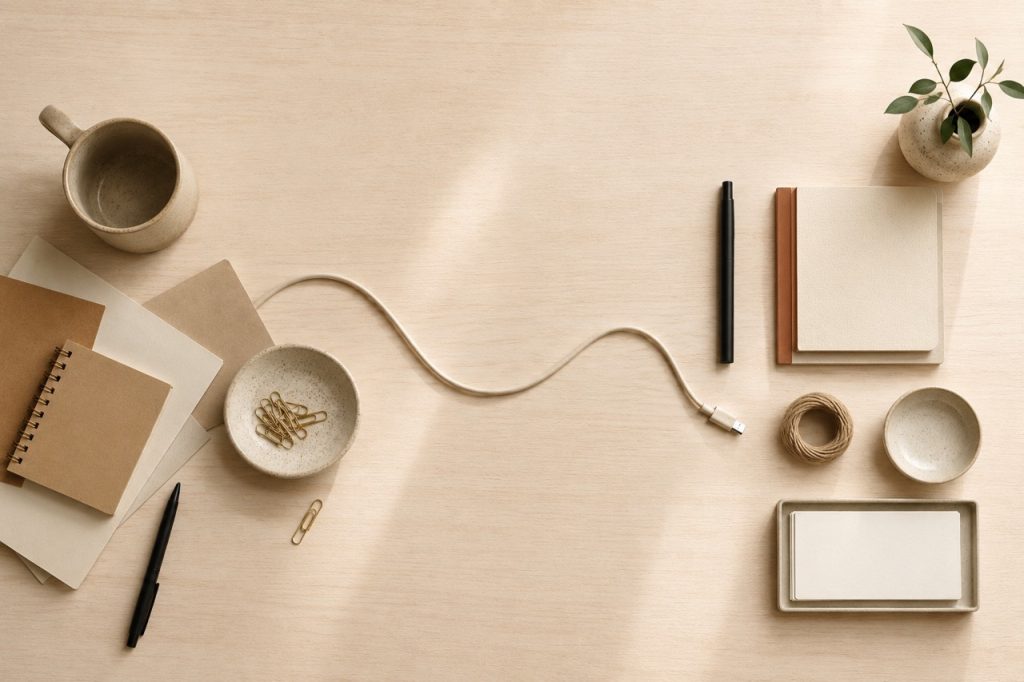 A sparse, flat-lay image of a table with a cup, notebooks, pens, and a phone cable.