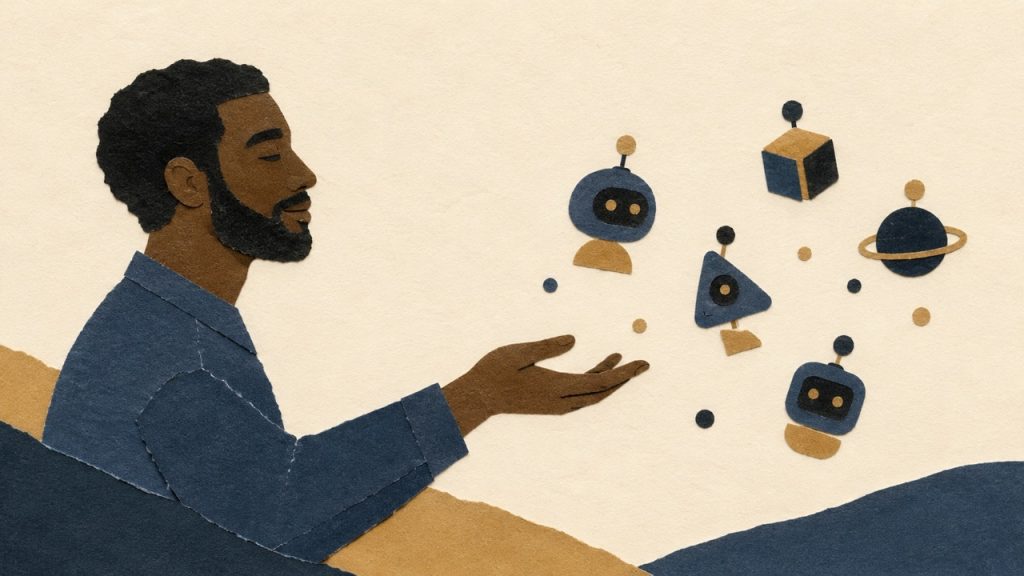 Paper-cut illustration of a person extending an open hand toward multiple floating AI agent icons, suggesting human oversight of autonomous systems