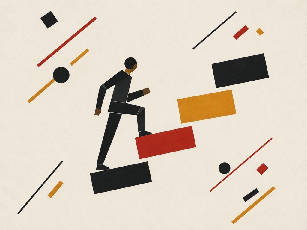 Constructivist-style figure climbing a staircase of coloured blocks, illustrating a step-by-step approach to AI adoption