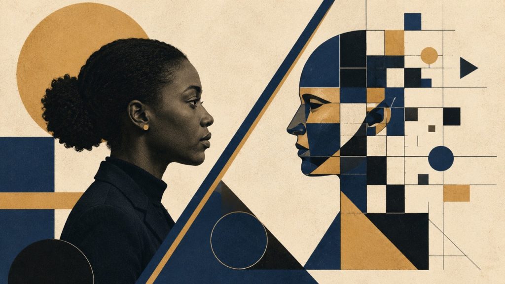A human intelligence officer faces an AI-generated synthetic persona, illustrating the challenge of distinguishing real sources from machine-built fakes