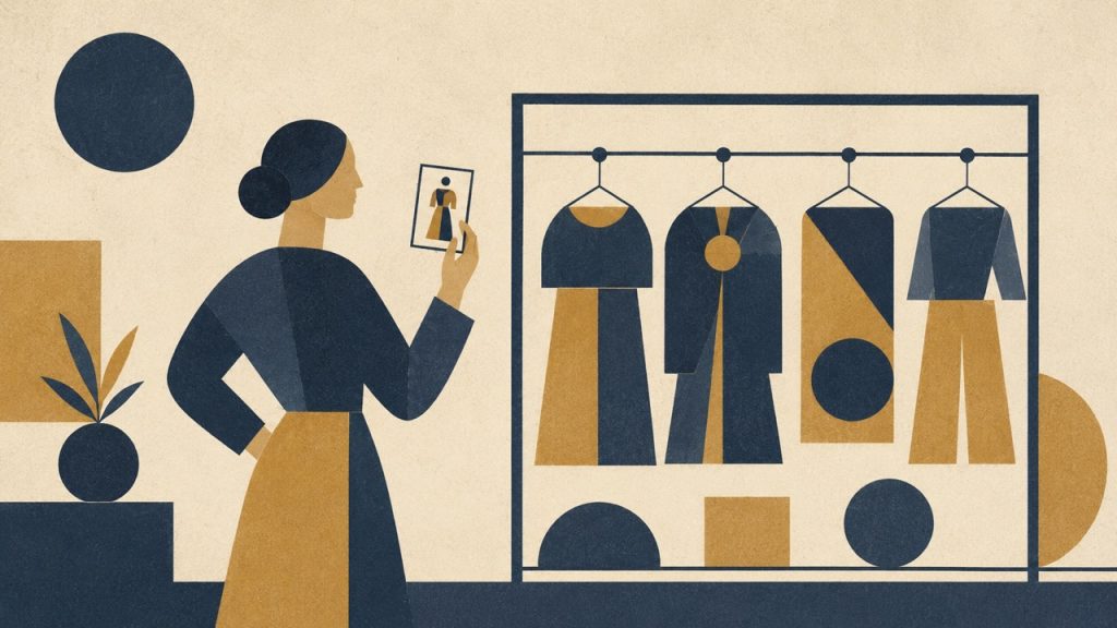 A parent holds up an old photo of their child while browsing a clothing rack, illustrating how synthetic data captures a fixed snapshot that grows outdated over time