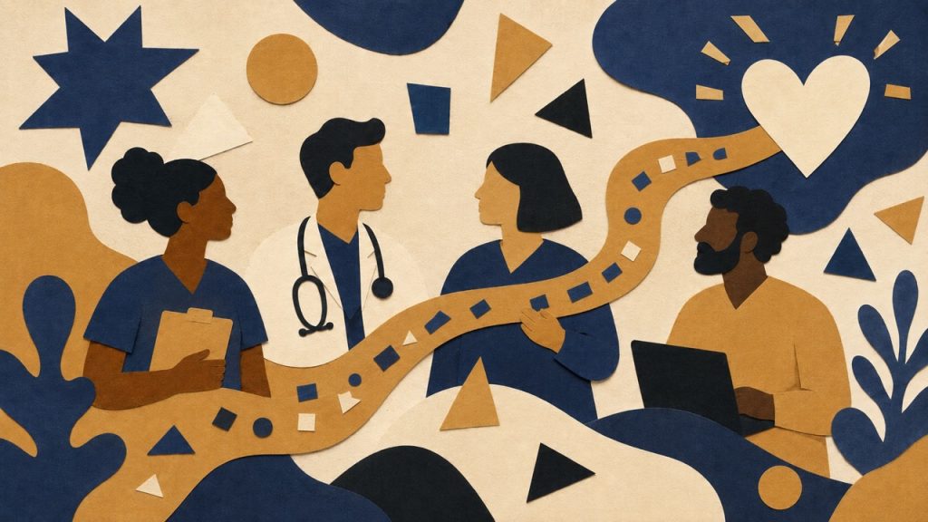 Paper-cut illustration of a doctor, nurse, and patient connected by a winding pathway, representing agentic AI coordinating multi-step care workflows