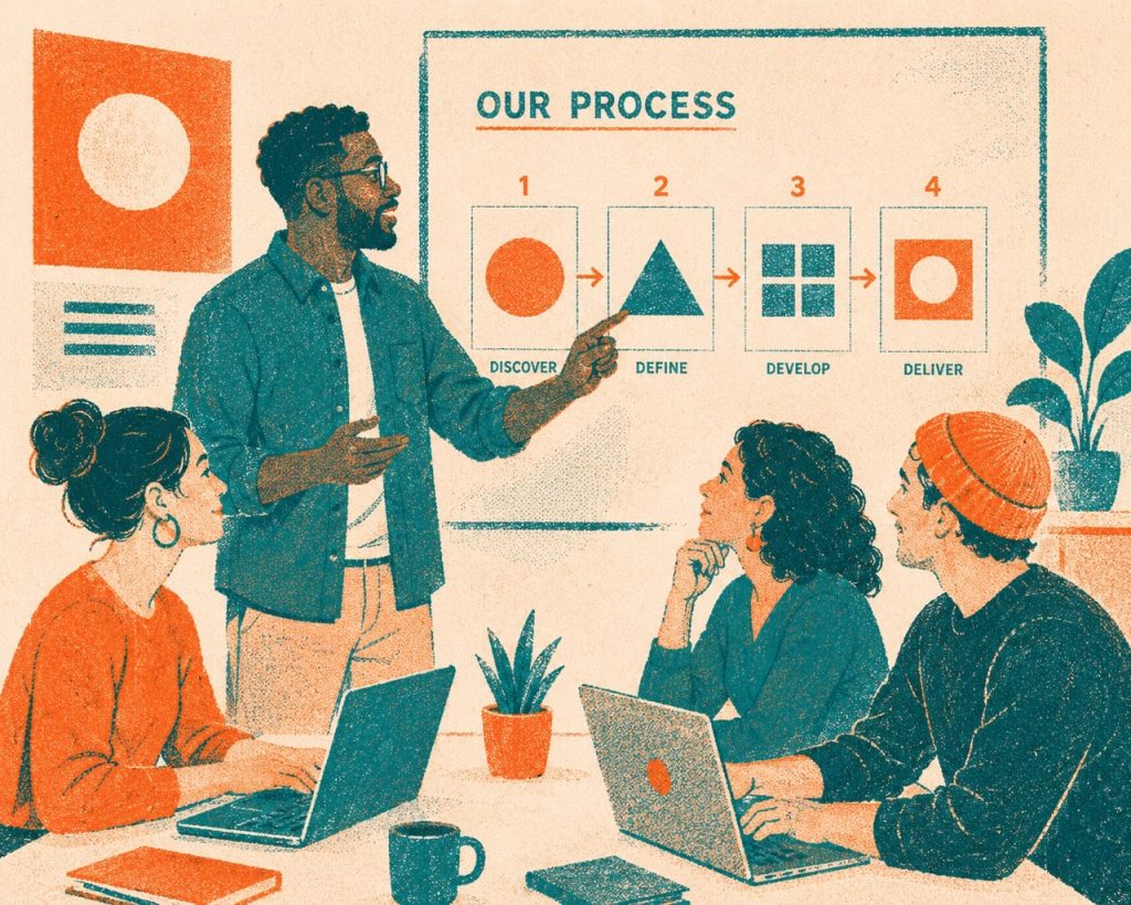 A small team reviews a four-step process diagram labelled Discover, Define, Develop, and Deliver during a meeting