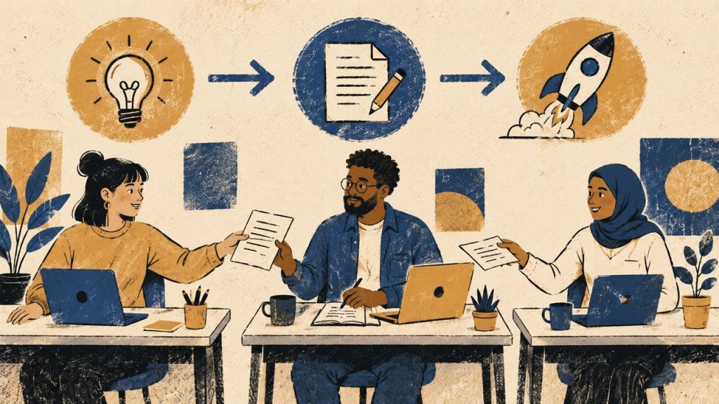 Three content team members passing documents at desks, with icons above showing the workflow stages: idea, drafting, and publishing