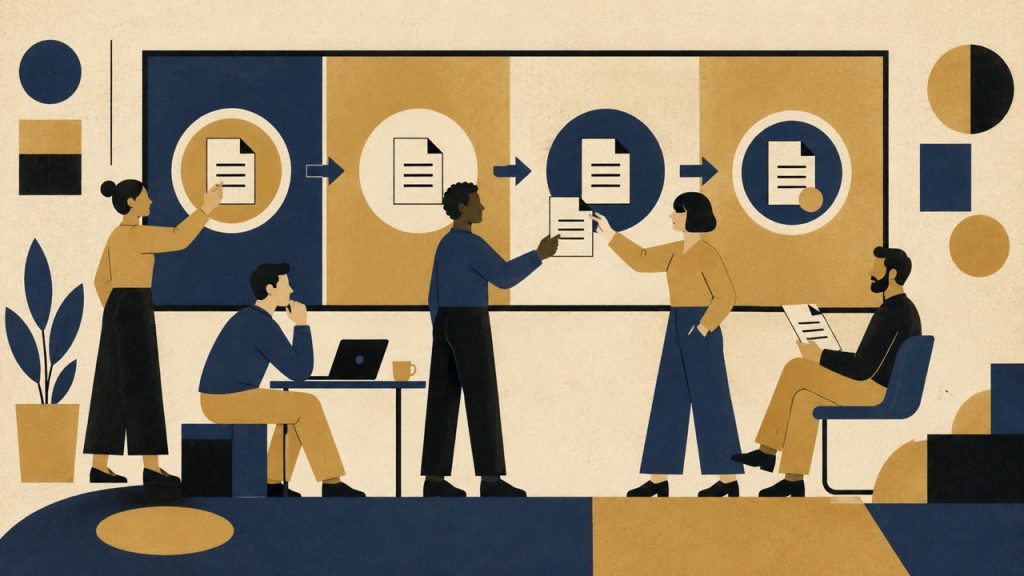 Four team members passing documents through a sequential workflow, illustrating named owners and defined handoffs at each content stage