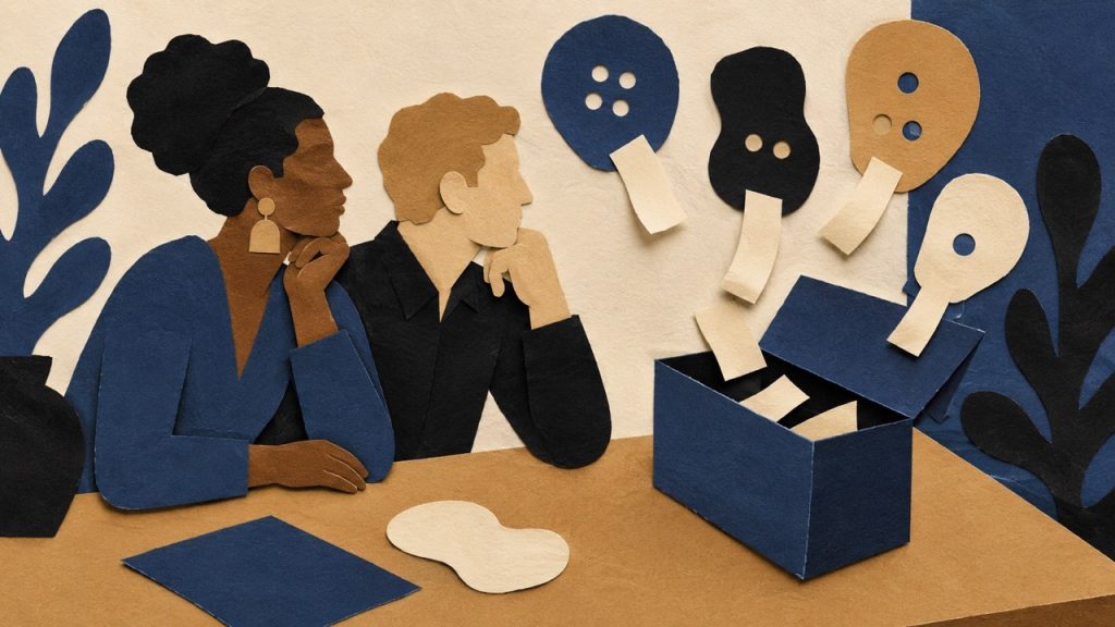 Paper-cut illustration of two people studying abstract shapes and speech bubbles spilling from an open box, representing hidden AI prompt injections influencing recommendations