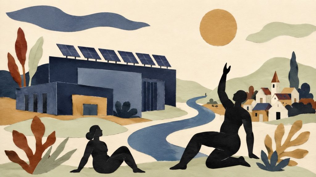 Illustrated collage of a solar-panelled data center set in a rural landscape, with two figures and a village nearby, evoking community coexistence with AI infrastructure