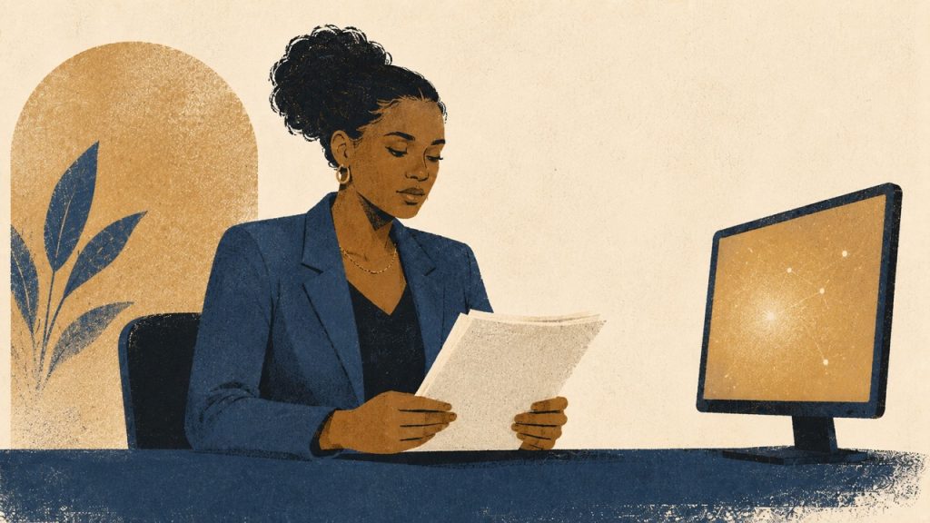 A lawyer reviews a printed document at her desk beside a computer screen displaying an AI interface, illustrating human oversight of AI-generated legal output