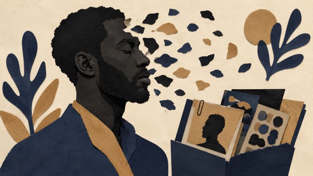Paper-cut illustration of a Black man's face fragmenting into scattered pieces beside a police file containing a silhouetted mugshot, symbolising AI misidentification harm