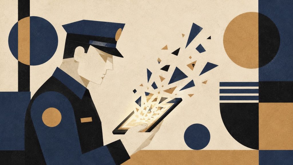 A police officer holds a tablet as fragmented shapes scatter from its glowing screen, illustrating AI generating unreliable or fabricated information