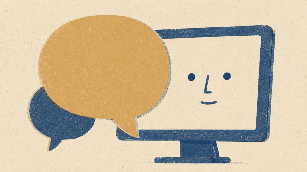 Illustration of a computer monitor with a simple face and two speech bubbles, representing an AI chatbot interaction