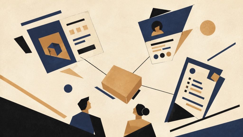 Two people observe an AI hub connected to multiple documents and profiles, illustrating how poisoned data across surfaces can bias AI recommendations
