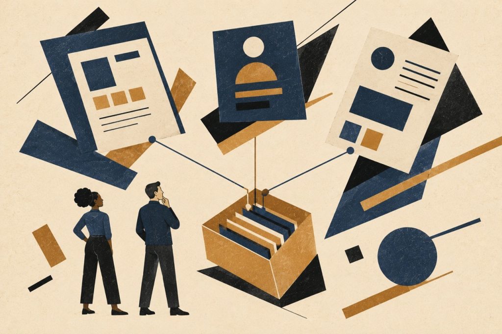 Two people observe a file box connected by lines to floating documents, illustrating how AI memory poisoning links injected content across sources