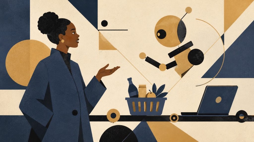 A person gestures toward a small robot beside a grocery basket and laptop, illustrating an AI agent handling shopping on a user's behalf