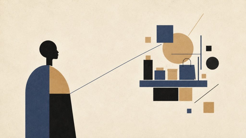 Abstract illustration of a buyer connected by a line to a floating platform of products, representing an AI agent browsing on their behalf