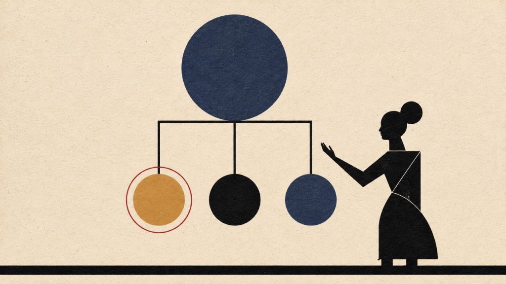 A person gestures toward a multi-agent hierarchy diagram where one node is highlighted with a red circle, indicating human oversight of an anomalous agent