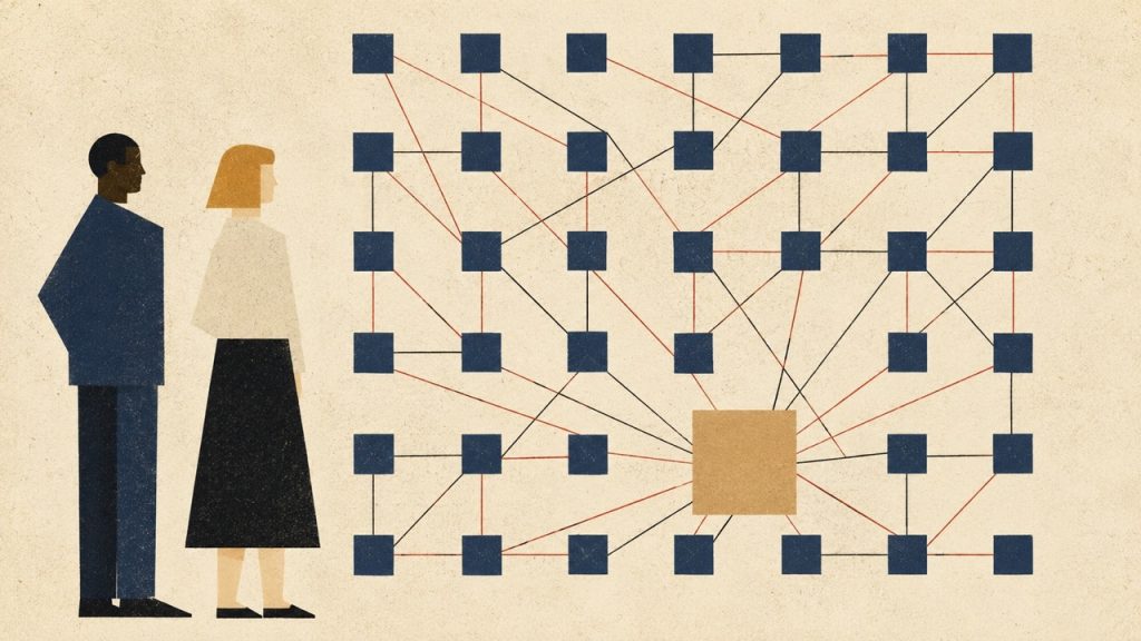 Two people observe a multi-agent network diagram where one highlighted node sends red and black lines spreading across all connected agents