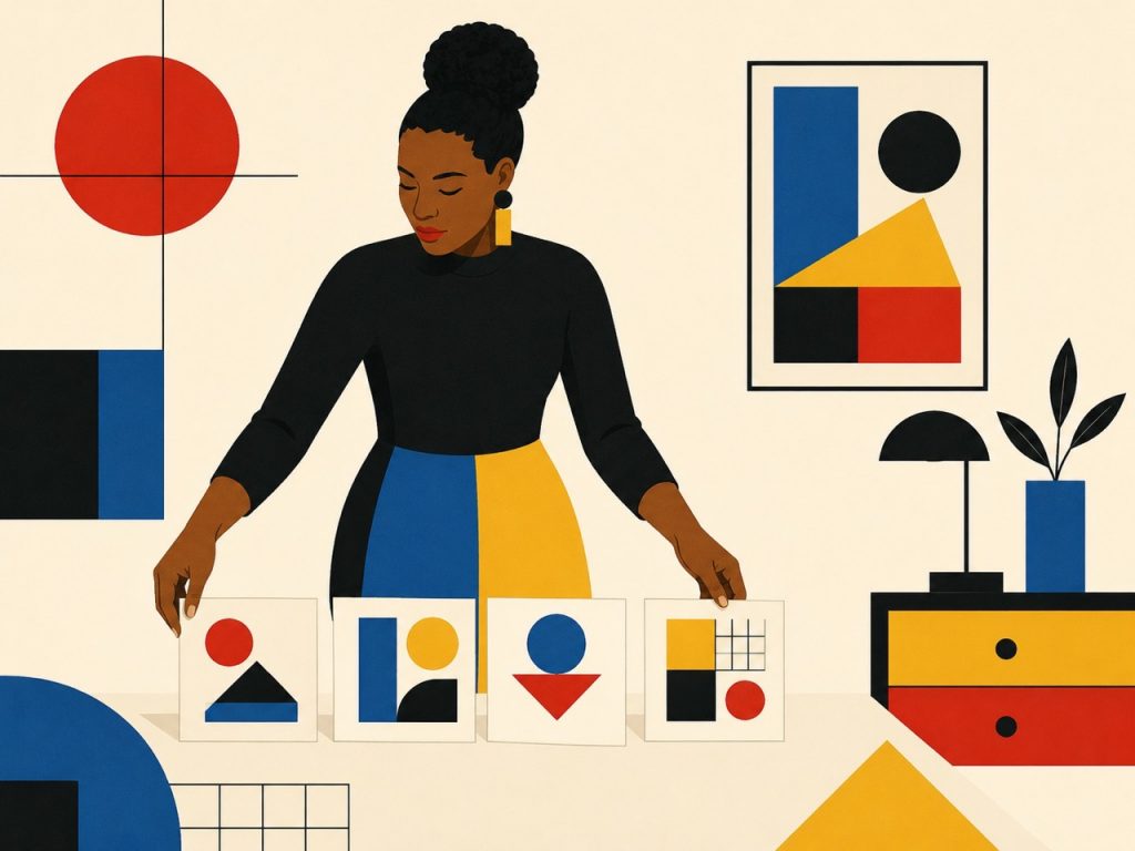A woman arranging cards with geometric shapes, illustrating the process of selecting and organising tasks before starting with AI tools