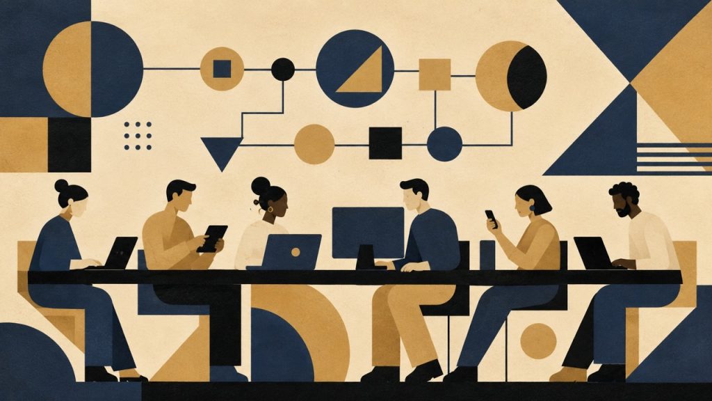Six colleagues working at a shared table with laptops, tablets, and a desktop, connected by an AI workflow diagram overhead