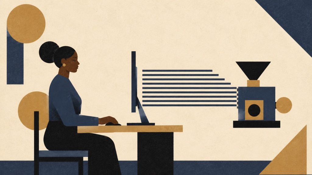 Illustration of a person at a computer with lines of content flowing into a funnel-shaped machine, representing HTML being filtered down to clean markdown output