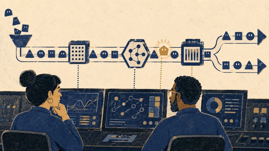 Two people monitor an agentic AI pipeline at a control station, watching for points where rogue inputs could enter and manipulate the workflow