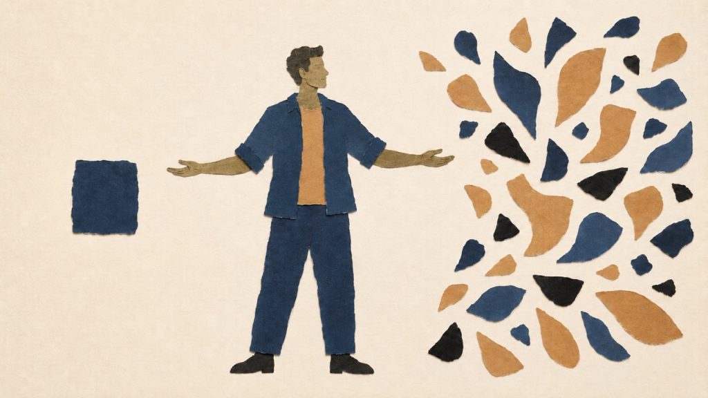 Paper-cut figure with scattered fragments