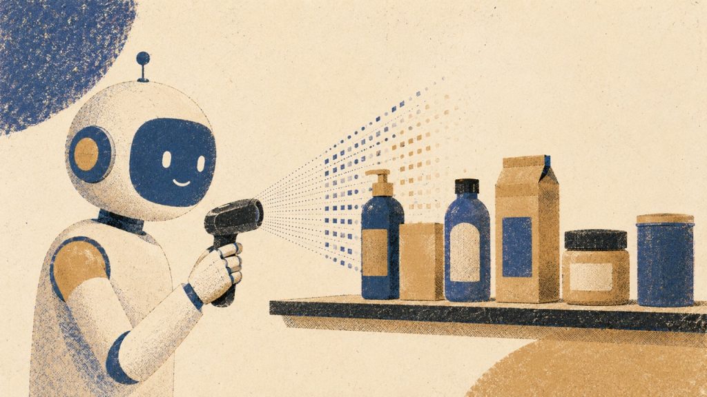 A robot scanning a shelf of consumer products with a barcode reader, illustrating an AI agent reading structured product data to complete a purchase