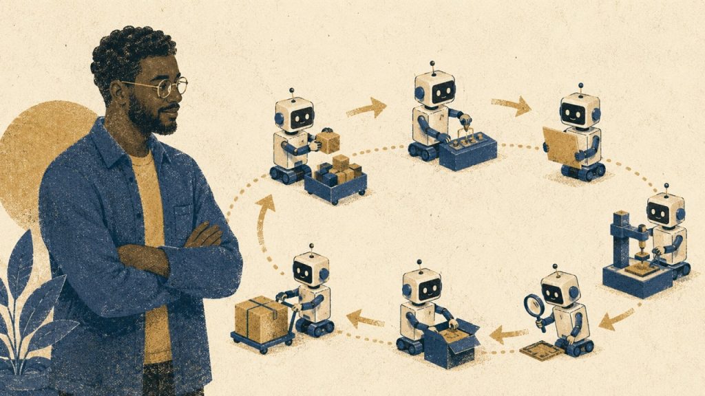 A person observes a loop of small robots each performing a different task, illustrating how an AI agent cycles through actions autonomously while a human oversees the outcome