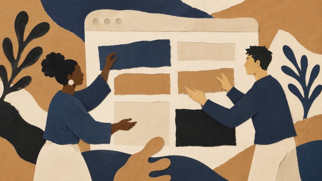 Two people arranging content blocks on a browser window, illustrated in a paper-collage style