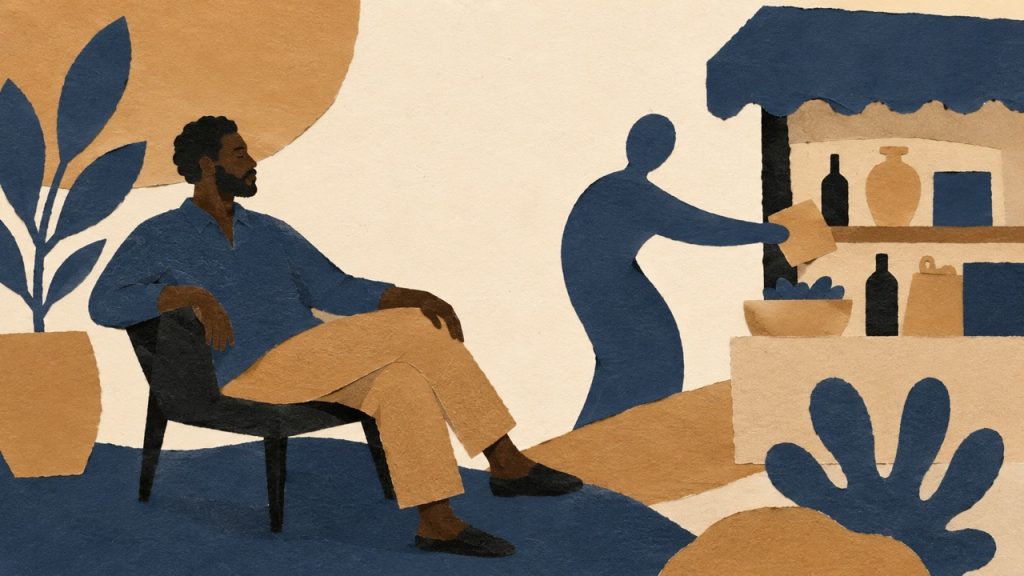 A person relaxes in a chair while a silhouetted agent figure handles a transaction at a market stall on their behalf