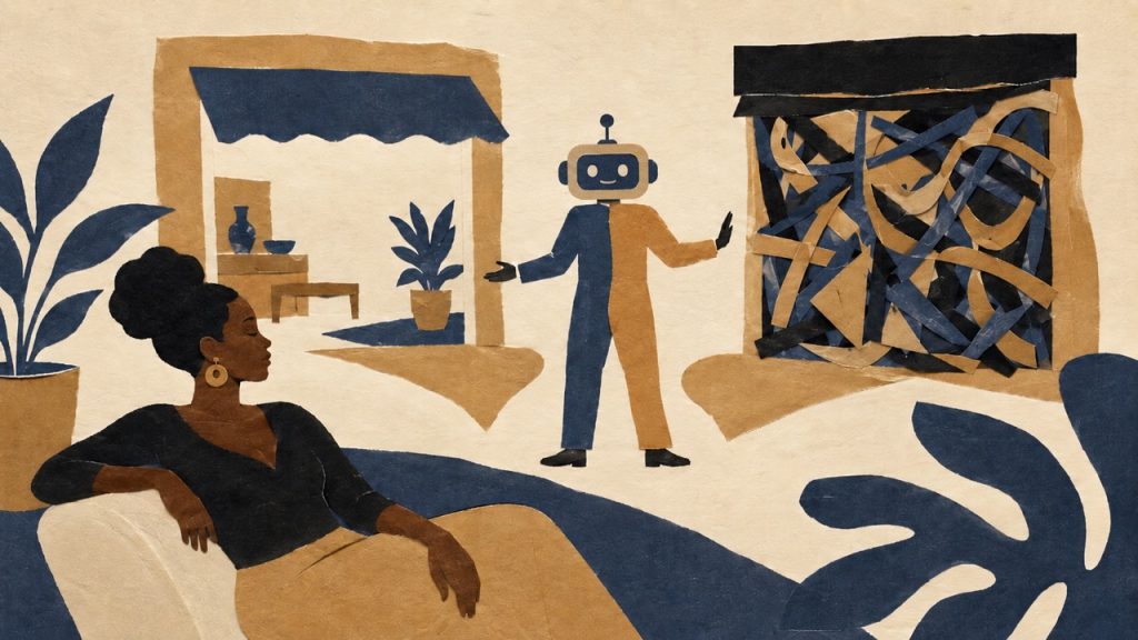 An AI agent stands between a readable storefront and a tangled, inaccessible one, while a consumer relaxes nearby, delegating the task