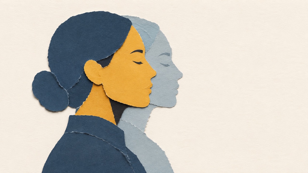 Serene paper-cut portrait with layered profiles