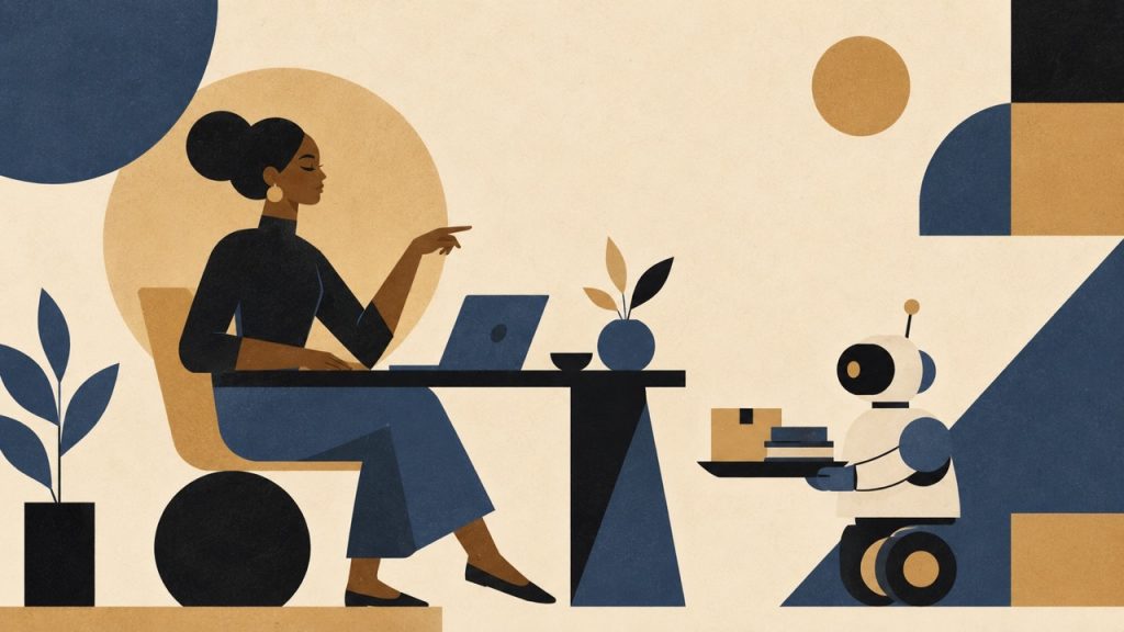 A person at a laptop directs a small robot carrying a tray of items, illustrating a human overseeing an AI agent's autonomous work