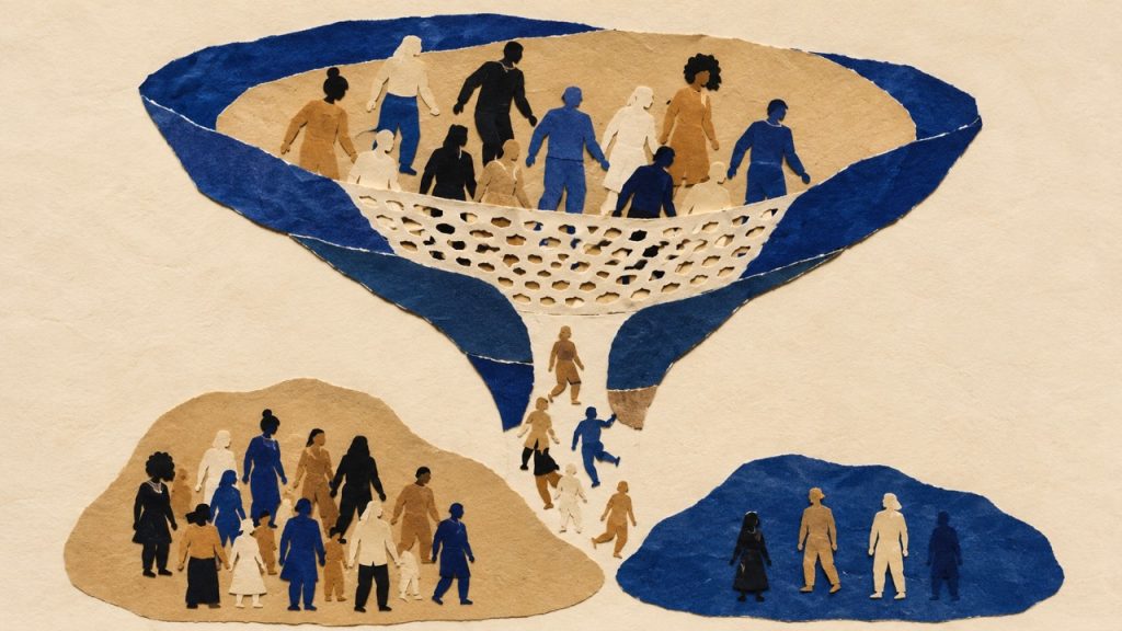 Paper-cut illustration of a hiring funnel: a large diverse crowd enters the top, a mesh filter blocks most, and only a few candidates pass through to a small group below, while a larger rejected group gathers to the left