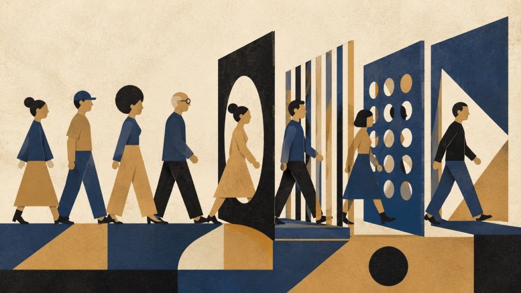 Diverse group of job candidates walking through a series of automated screening gates, with fewer people emerging on the other side