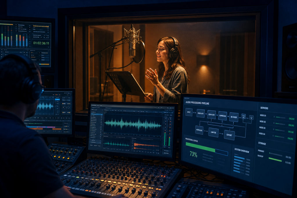 A vocalist recording in a sound booth while an engineer monitors audio processing software and a mixing console in the control room