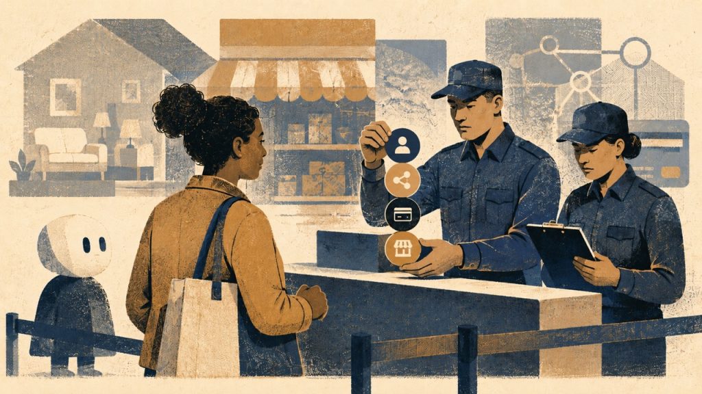 A person and a small robot figure face two uniformed guards at a checkpoint, who inspect credential icons representing identity, delegation, payment, and merchant access