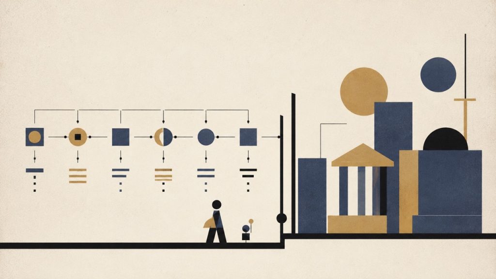 A person approaches a gate separating a credential chain of linked nodes from an institutional cityscape, illustrating the authority verification layer between agent and merchant