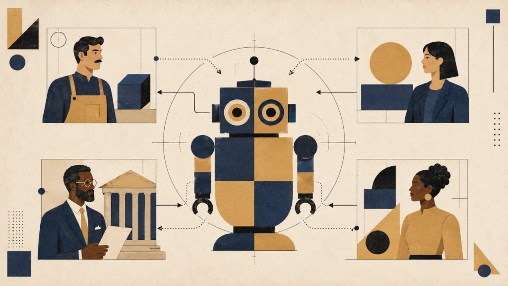 An AI agent at the centre of a diagram, connected by arrows to four figures: a merchant, a consumer, a regulator, and a platform representative, illustrating competing governance interests in agentic commerce