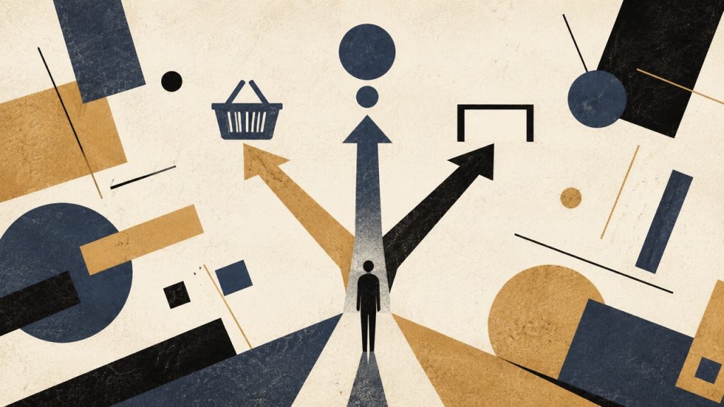A figure stands at a decision point with arrows diverging toward a shopping basket and other paths, representing an AI agent exercising judgment between competing choices
