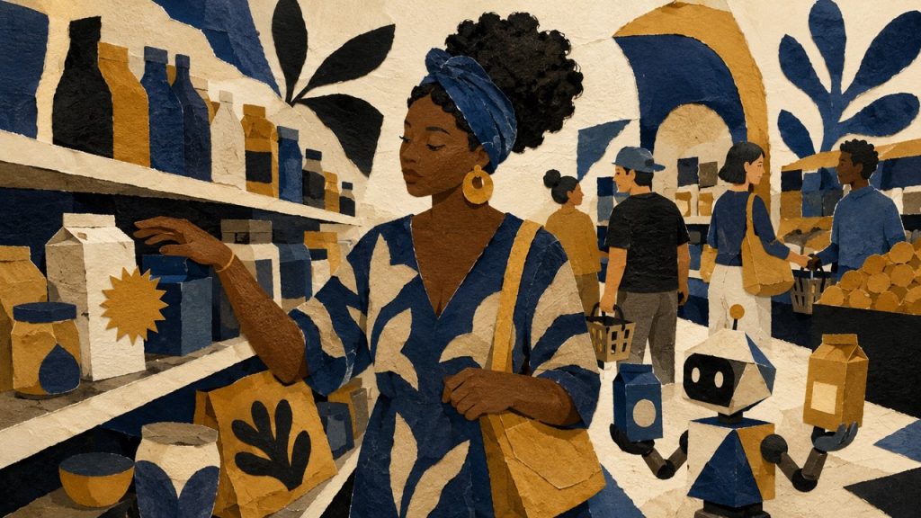 Paper-cut illustration of a woman shopping in a grocery store alongside a small robot also selecting products from shelves